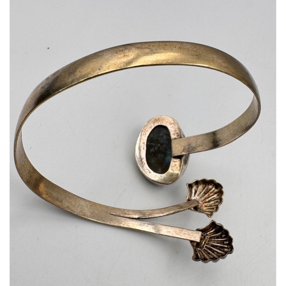 Silver Tone Faceted Labradorite Sea Shell Wrap Bangle Adjustable Boho Bracelet - Picture 10 of 12